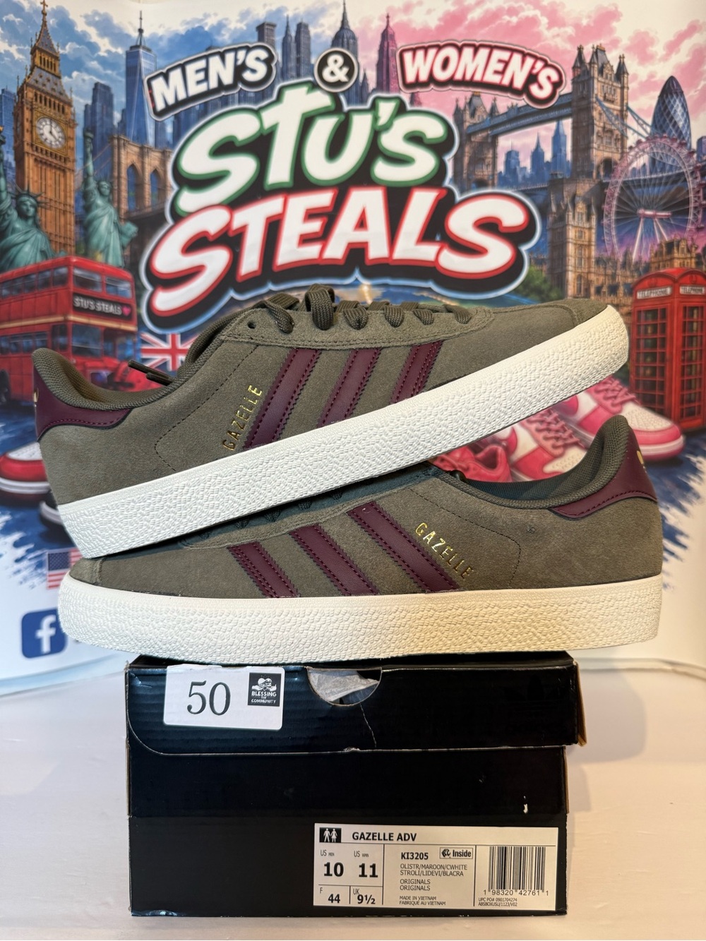 adidas Gazelle Olive Suede with Maroon Stripes